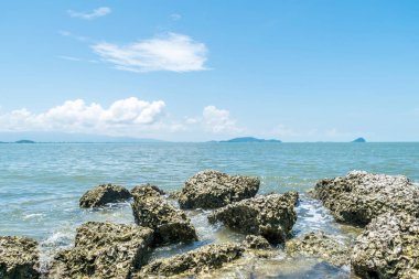 Plaj ve deniz mavi gökyüzü ve resif kaya plajı ile
