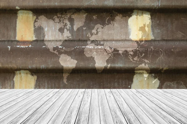 Metal rust wall texture surface with Wood terrace and world map — Stock Photo, Image