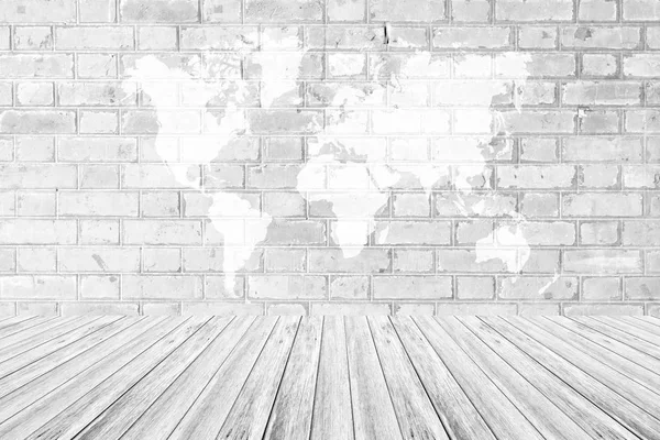 Red Brick wall texture surface with Wood terrace and world map
