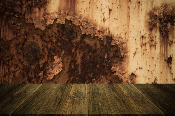 Metal ferrugem parede textura superfície estilo vintage com terraço de madeira — Fotografia de Stock