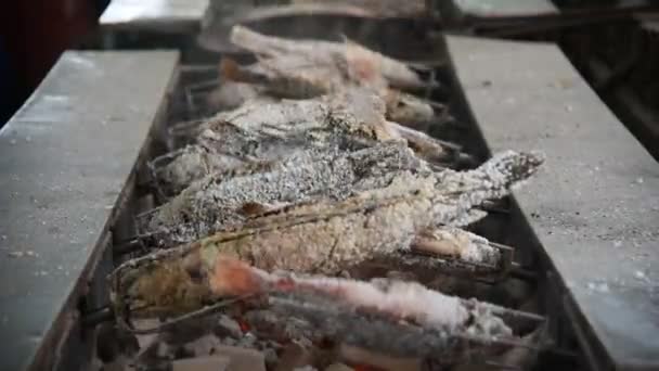 Pesce alla griglia con crosta di sale — Video Stock