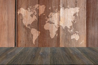 Ahşap doku arka plan ile Dünya Haritası ile ahşap Teras