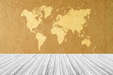 Ahşap doku arka plan, Beyaz ahşap Teras ve Dünya Haritası