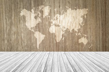 Ahşap doku arka plan, Beyaz ahşap Teras ve Dünya Haritası