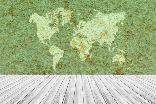 Struttura in legno sfondo, con terrazza in legno bianco e mappa del mondo — Foto Stock
