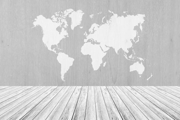 Superfície de textura de madeira com terraço de madeira e mapa do mundo — Fotografia de Stock