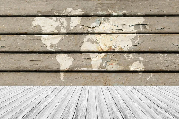 Wood texture background, with white wood terrace and world map — Stock Photo, Image