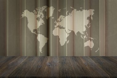 Dünya Haritası ile ahşap teras ile kumaş doku arka plan
