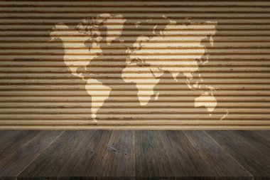 Pas metal duvar doku Dünya Haritası ile ahşap teraslı