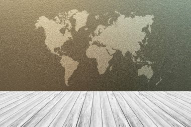 Beyaz ahşap Teras ve Dünya Haritası ile buzlu cam doku