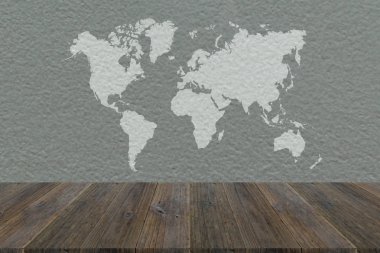 Dünya Haritası ile ahşap teras ile duvar doku arka plan