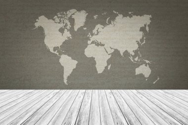 Beyaz ahşap Teras ve Dünya Haritası ile karton kağıt doku