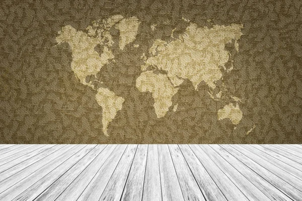 Tile wall texture, with white wood terrace and world map — Stock Photo, Image