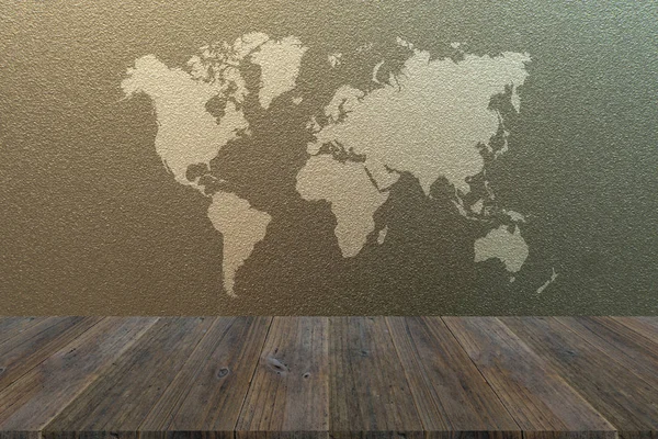 Textura de vidrio esmerilado con terraza de madera con mapa del mundo — Foto de Stock