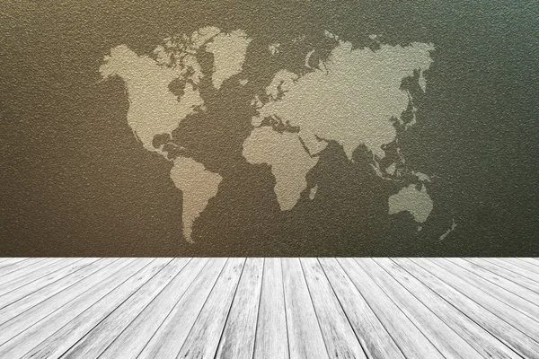 Матова текстура скла, з білою дерев'яною терасою та світовою картою — стокове фото