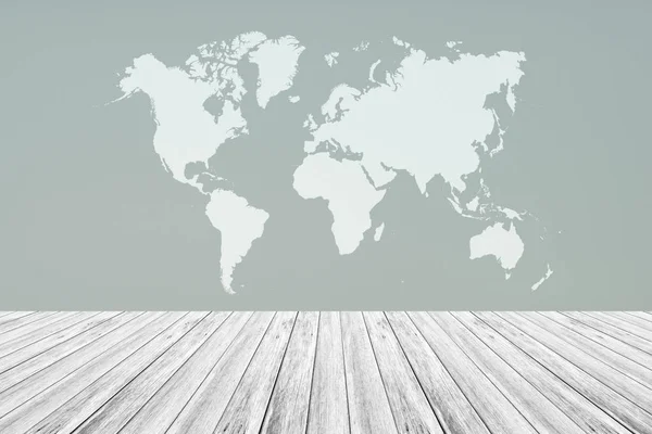 Parede textura fundo, com terraço em madeira branca e mapa do mundo — Fotografia de Stock