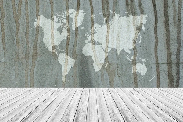 Wall texture background, with white wood terrace and world map — Stock Photo, Image