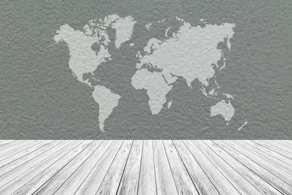 Тло текстури стіни, з білою дерев'яною терасою та світовою картою — стокове фото