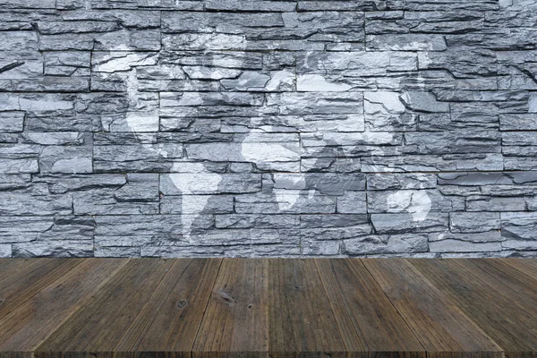 Stone wall texture with wood terrace with world map — Stock Photo, Image