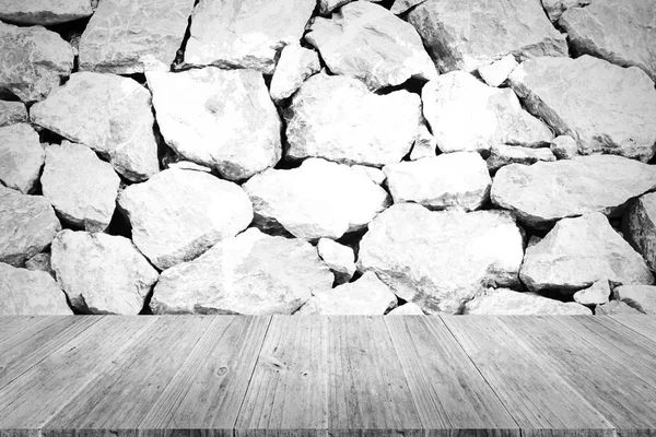 Textura de pared de piedra, proceso en color blanco con terraza de madera wi — Foto de Stock