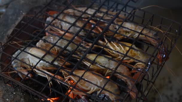 Grillade räkor (jätte sötvatten räkor) — Stockvideo