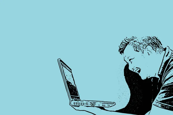Σκίτσο σχέδιο του άνδρα να κρατάει το φορητό υπολογιστή με γέλιο — Φωτογραφία Αρχείου