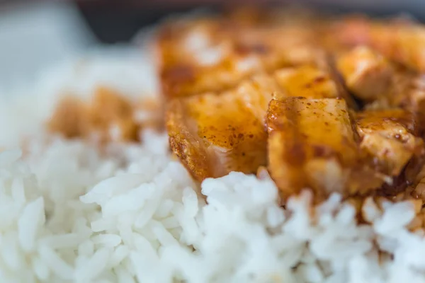 Babi merah panggang dengan saus dengan nasi dan mentimun — Stok Foto