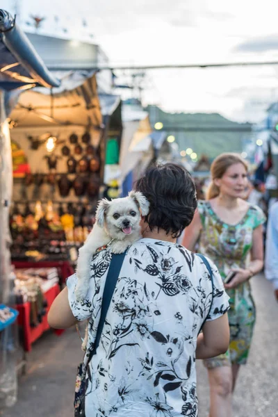 Hua Hin noční trh s žena a pes — Stock fotografie