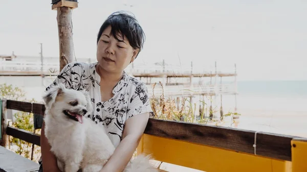 Asian women and dog at beach and sea when travel — Stock Photo, Image