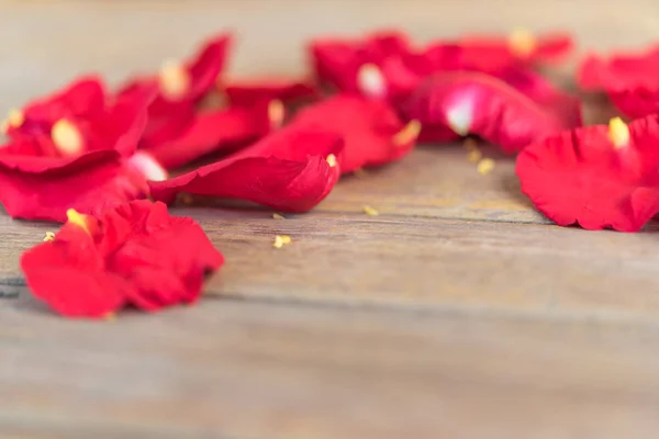 Rosa roja en el suelo de madera en San Valentín —  Fotos de Stock