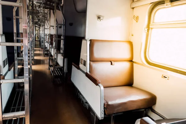 Inside of railway train with seats vintage style