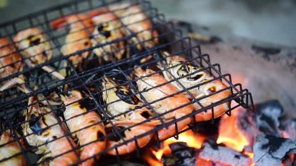 Crevettes Grillées Crevettes Géantes Eau Douce Grillades Avec Charbon Bois — Video