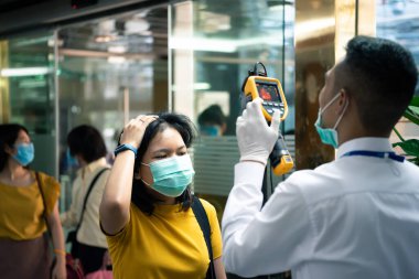 Bangkok, Thailand - March 16, 2020 : Unidentified people waiting body temperature check to access building for against epidemic flu covid19 or corona virus by thermoscan or infrared thermal camera