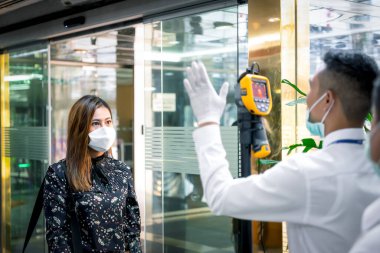 Bangkok, Thailand - March 16, 2020 : Unidentified people waiting body temperature check to access building for against epidemic flu covid19 or corona virus by thermoscan or infrared thermal camera