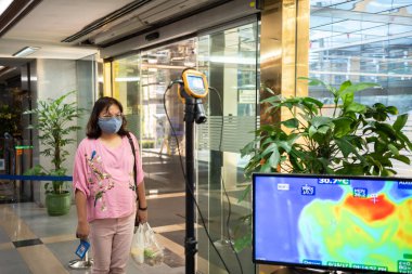 Bangkok, Tayland - 24 Mart 2020: Kimliği belirlenemeyen kişiler, vücut ısısı kontrolünün yapılmasını bekliyor.