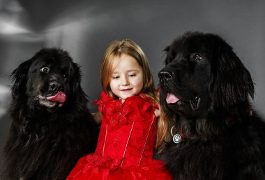 Güzel ve çirkin. Büyük siyah su-köpek ile kız.