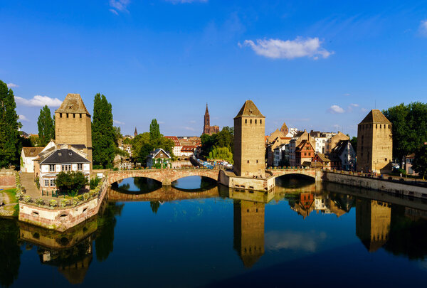 Old historical center of Strasbourg. Fortress towers and briges 