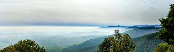 Hermoso paisaje de montañas desde la cima de la colina con niebla — Foto de Stock