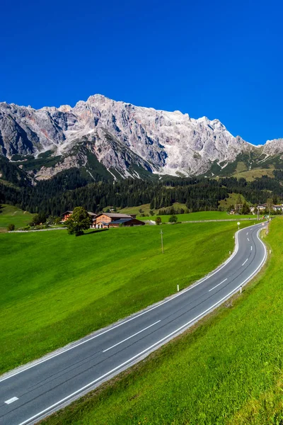 Alpine landschap weg in de groene velden — Stockfoto