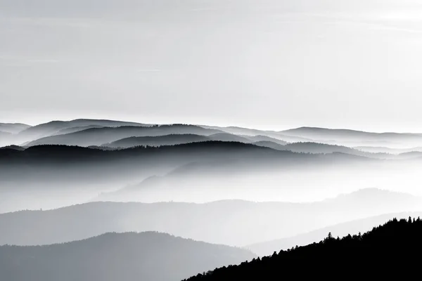 Aerial view of foggy mountains relief