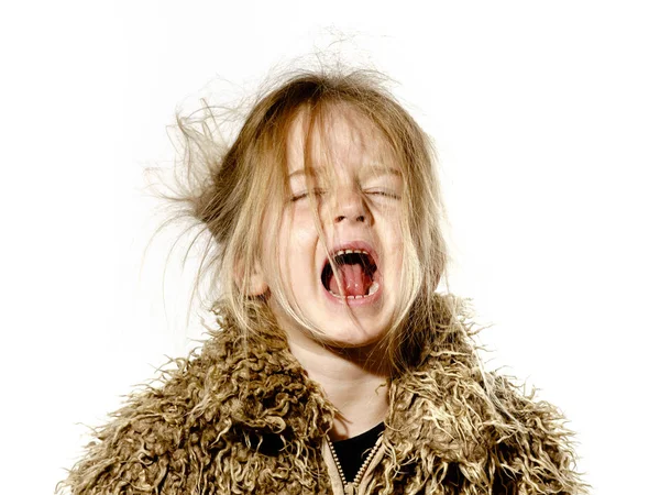 Disheveled preschooler girl with long hair crying — Stock Photo, Image