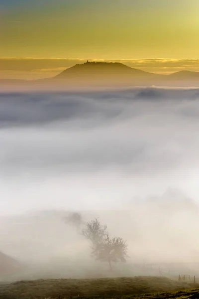 Maestoso oceano di nebbia in montagna al tramonto — Foto Stock