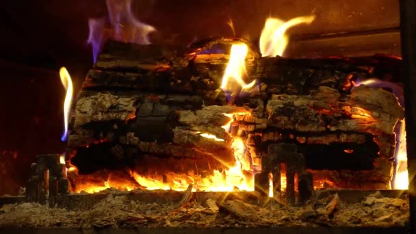 Llama de madera en la chimenea vista de cerca, la casa y la comodidad. Movimiento lento . — Vídeos de Stock