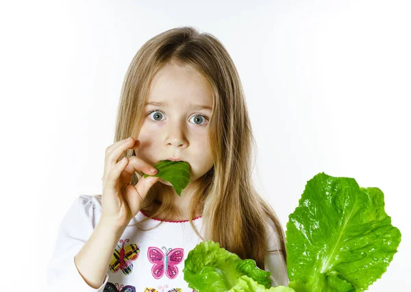 Gadis kecil yang manis berpose dengan daun salad segar — Stok Foto