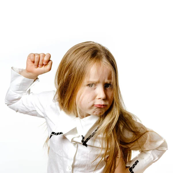 Cute little girl posing for advertising, making signes by hands — Stock Photo, Image