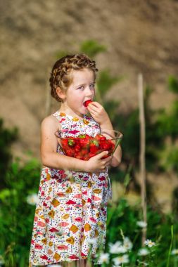Güneşli g taze kırmızı çilek ile poz sevimli küçük kız