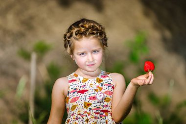 Güneşli g taze kırmızı çilek ile poz sevimli küçük kız