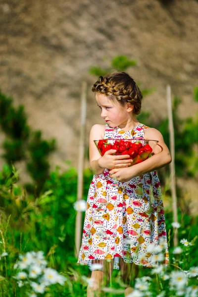 Cute little girl posing with fresh red strawberry in the sunny g — Stock Photo, Image