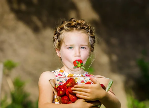 Cute little girl posing with fresh red strawberry in the sunny g — Stock Photo, Image