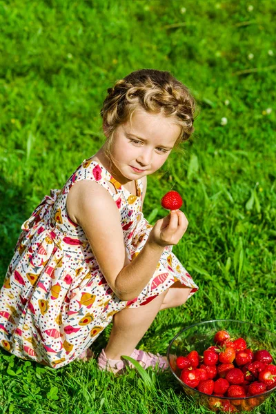 Gadis kecil yang manis berpose dengan stroberi merah segar di cerah g — Stok Foto